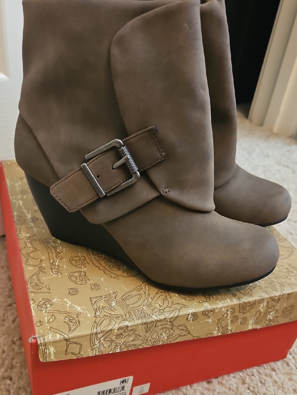American Rag Taupe Wedge Ankle Boots with Buckle